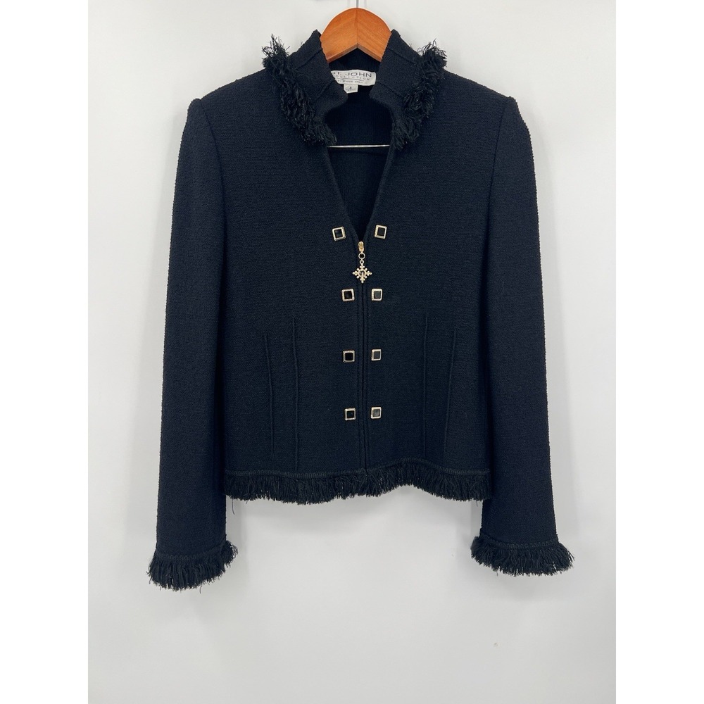 St. John Collection by Marie Gray Black Fringe Cardigan Jacket Size 2